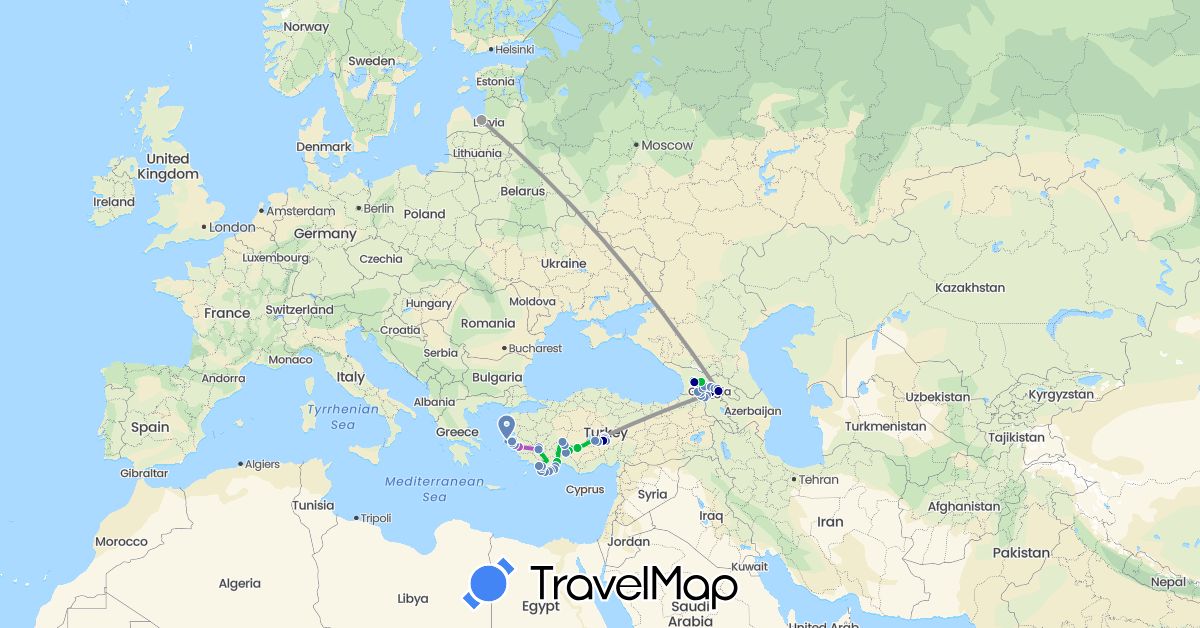 TravelMap itinerary: driving, bus, plane, cycling, train in Georgia, Latvia, Turkey (Asia, Europe)